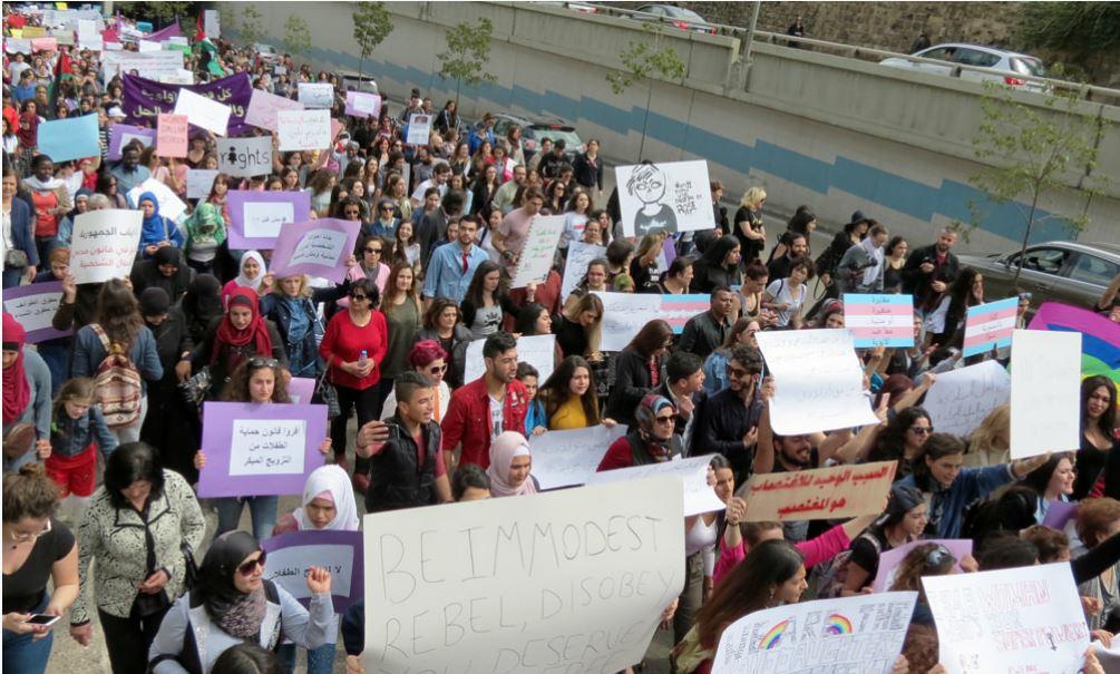 Under the slogan "Different Causes, Shared Anger," women and men gathered for a march to support women's rights in Beirut, Lebanon, March 8, 2018 (Photo by Joelle Hatem)