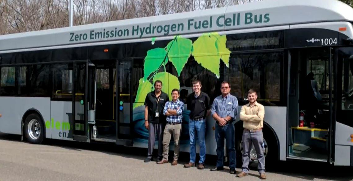 The partnership's fuel cell bus emits only water vapor. April 12, 2018 (Screengrab from video courtesy U.S. Hybrid) Posted for media use
